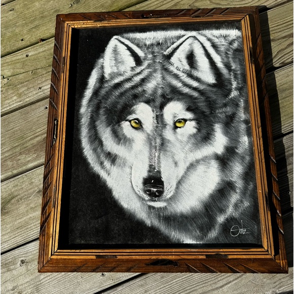 Vintage Original Ortiz Velvet Wolf Framed Oil Painting - Picture 1 of 4